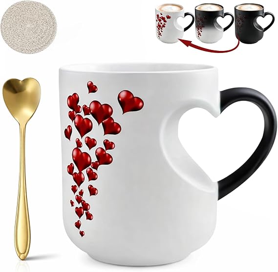 AUOBAG Heart-Shaped Color Changing Magic Ceramic Mug, Funny Novelty Cup for Women, Heat-Activated Coffee Mugs Gift for Galentines & Mom (1PC)