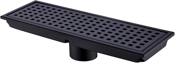 Linear Shower Floor Drain with Removable Cover Grid Grate 12 inch Long Rectangle, SUS 304 Stainless Steel Matte Black Plated Finish