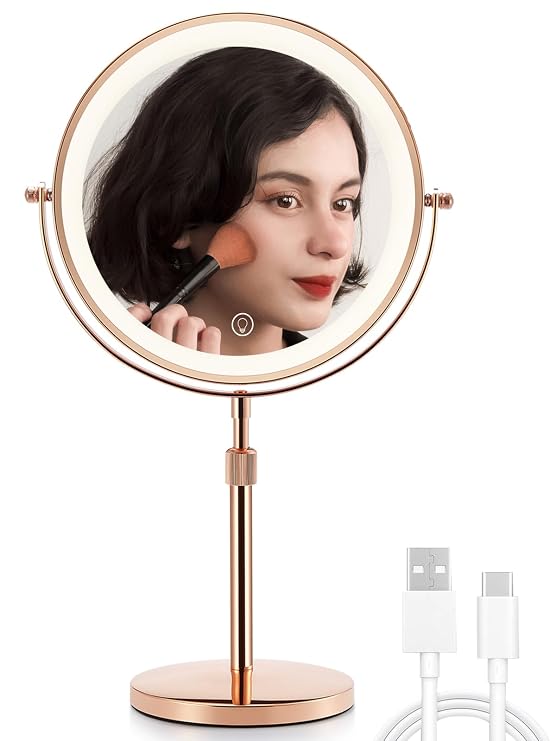 OMIRO Lighted Makeup Mirror with 3X/10X Magnifications, 8.5 in, Rose Gold
