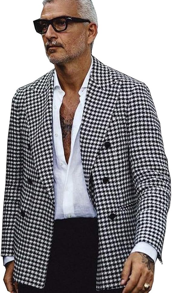 QZI Men's Blazer Houndstooth Blazer Peak Lapel Double Breasted Suit Jacket Party Tuxedo Coat