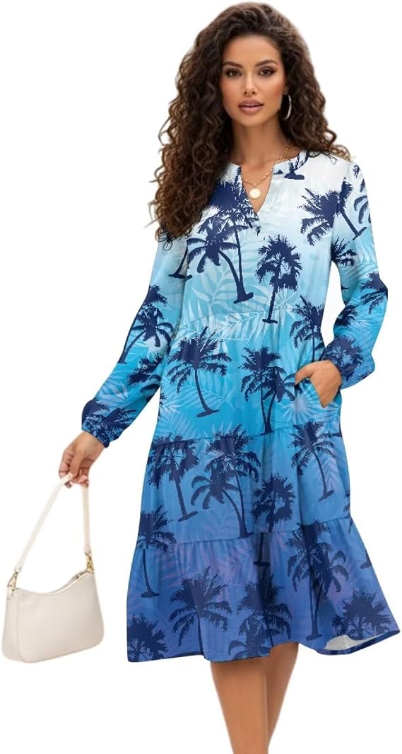 YEXIATODO Mushroom Patchwork Dress Women Plus Size Midi Dresses with Pockets Long Sleeve Dresses V Neck Tunic Skirts