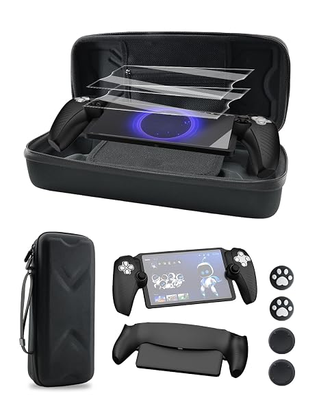 HolyFort 14 in 1 Accessories Set for PlayStation Portal Remote Player, Hard Carrying Case for PS Portal, Silicone Protective Cover, 2 Screen Protectors, 4 Thumb Grips for PS5 Portal, Black