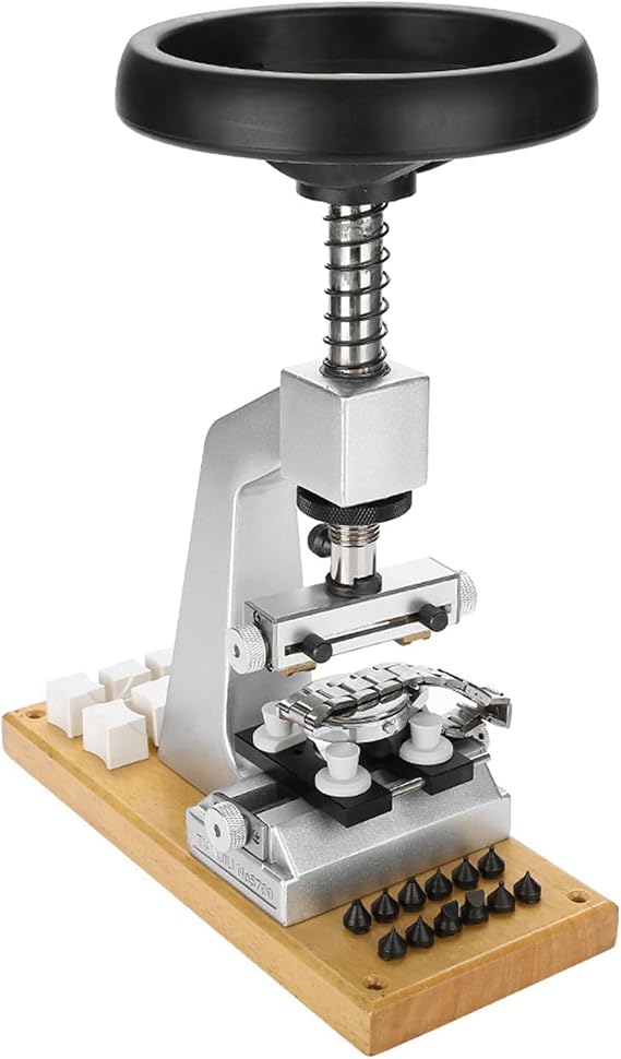 Bench Watch Case Opener with 6 Dies and Adjustable Holder | Steel and aluminum construction, suitable for screw-in watch cases, complete with 12 chucks, essential for watch repair tasks