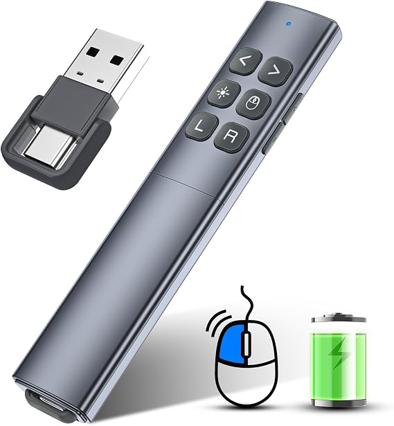Presentation Clicker with Air Mouse - USB C Wireless Presenter Remote Clicker with Light Clicker, RF 2.4GHz PowerPoint Clicker for Presentation, Computer Clicker Slide Advancer for Mac,Laptop