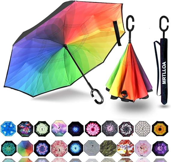 MRTLLOA Inverted Umbrella, 40/49/56 Inch Windproof Double Layer, N-Rainbow, 49 Inch, Modern