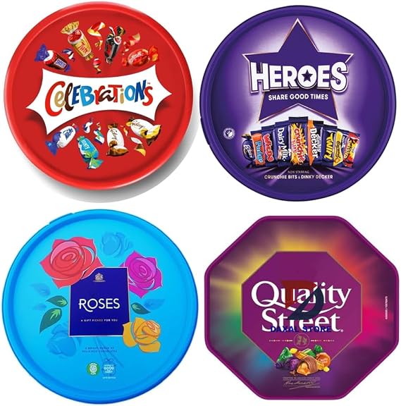 4 x Chocolate Tubs ASSORTED PACK 1 EACH Of Celebrations, Roses, Heroes and Quality Street Let the countdown begin.