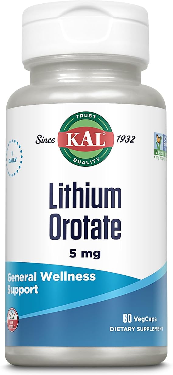 KAL Lithium Orotate 5mg | Low Serving of Chelated Lithium Orotate for Bioavailability & Mood Support | in Organic Rice Bran Extract Base | 60 VegCaps | Brain, Nervous System & Mood Support, Highly Bioavailable Low Dose Lithium Supplement, Vegan, Lab Verified