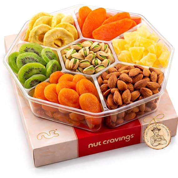 NUT CRAVINGS - Dried Fruit & Mixed Nuts Gift Basket (7 Assortments, 2 LB) | in Red Box Food Arrangement, Healthy Snack Care Package, Kosher