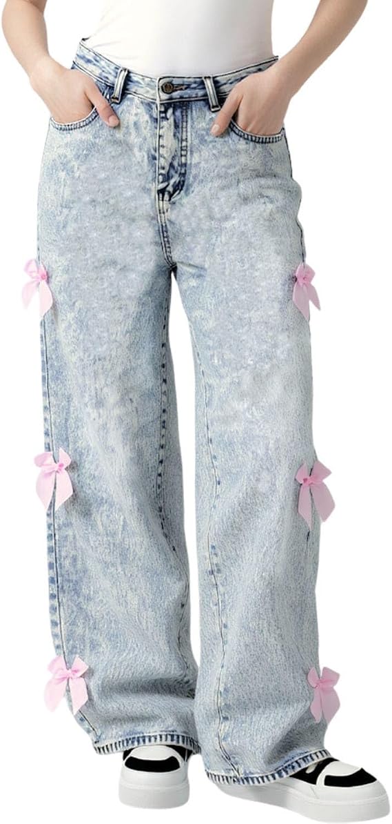 Bow Jeans for Women Teen Girls Baggy Cute Denim Jeans High Waisted Straight Leg Pants Aesthetic Scene Clothes