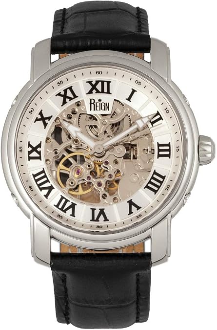 Reign Kahn Automatic Skeleton Dial Leather-Band Watch, Silver, REIRN4303