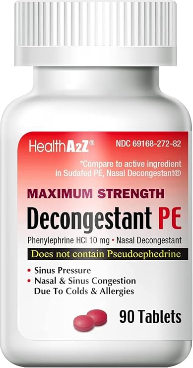 HealthA2Z Decongestant PE | Phenylephrine HCl 10 mg | Maximum Strength | Nasal & Sinus Congestion Relief Due to Cold & Allergies (90 Count (Pack of 1))