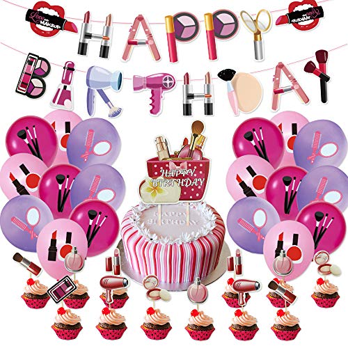 Soj Makeup Birthday Party Decorations 44PCS Salon Women Home Party 18 Pack Balloons,1 Pack Banner,24 Pack Small Cake Toppers,1 Big Cake Toppers Spa Theme Decor for Girls