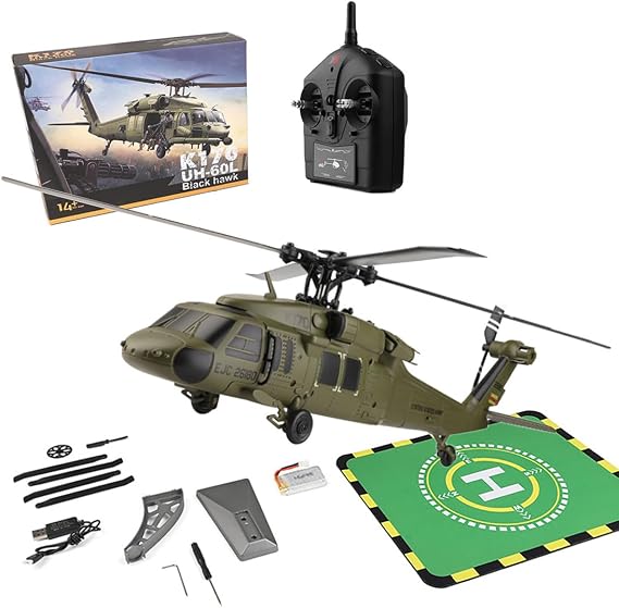 WL K170 UH60L RC Helicopter Model, 2.4G 4CH 6-Axis Gyro Black Hawk UH-60L Flybarless Helicopter with Adjustable Left and Right Hand Throttle Altitude Hovering - 1 Battery