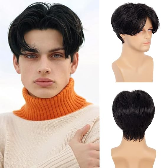 Swiking Men Wigs Short Black Straight Middle Part Synthetic Hair for Male Guy Halloween Cosplay Party Wigs with Cap (Black)