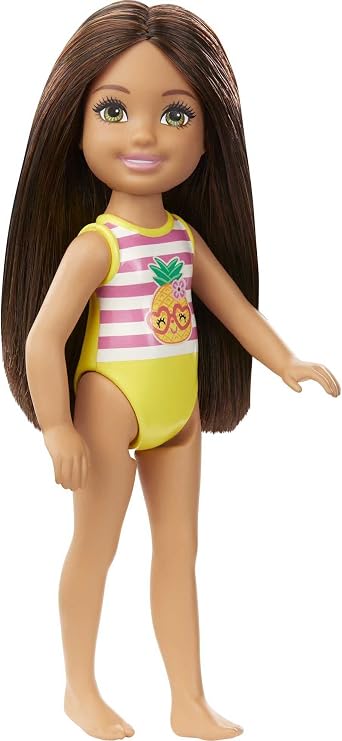 Mattel - Barbie Club Chelsea Beach Doll with Yellow Striped with Pineapple Design Swim Suit, Brunette