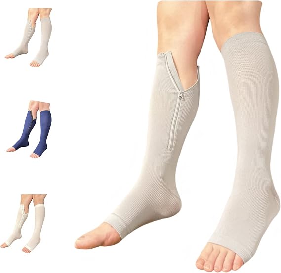 Open Toe 15-20 mmHg Compression White Navy Gray Inside Leg Zipper Socks