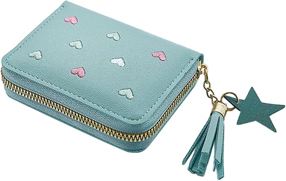 Women's Wallets, Heart-Pattern Wallet for Women with Small Coin Pouch, Womens Leather Wallet Card Holder Ladies Wallets with Card Slots& Star Pedant (Blue, S)