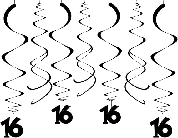 Party Swirl Decorations, Black 16th Birthday Swirl Decoration, 16th Anniversary Ceiling Hanging Party Swirl Decoration, Pack of 30