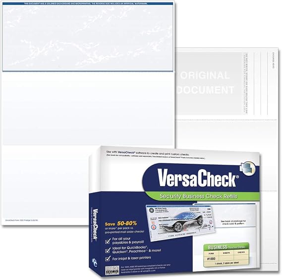 VersaCheck Secure Checks - 500 Blank Business Voucher Checks - Blue Prestige S - 500 Sheets Form #1000 - Check on Top
