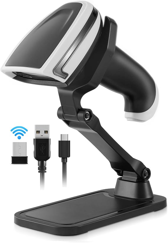 1D 2D Barcode Scanner, Handheld Barcode Reader Bluetooth QR Code Scanner with Stand 3 in 1 Bluetooth & 2.4G Wireless & USB Wired Connection PDF417 Data Matrix Automatic Bar Code Scanners