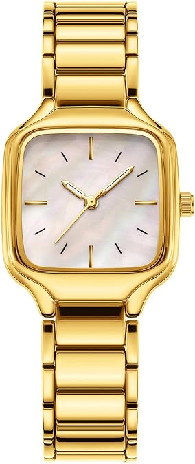 Womens Square Watch Minimalist Analog Quartz Wristwatch Stainless Steel Band Waterproof Ladies Dress Business Watch for Casual Formal Wear Gold Silver