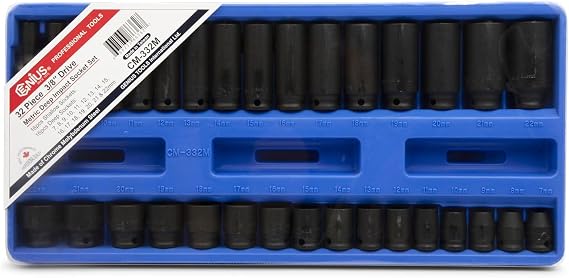Genius Tools 32 Piece 3/8" Dr. Metric Deep Impact Socket Set CM-332M - Includes 3/8" Deep and Standard Impact Sockets Size 6mm - 22mm