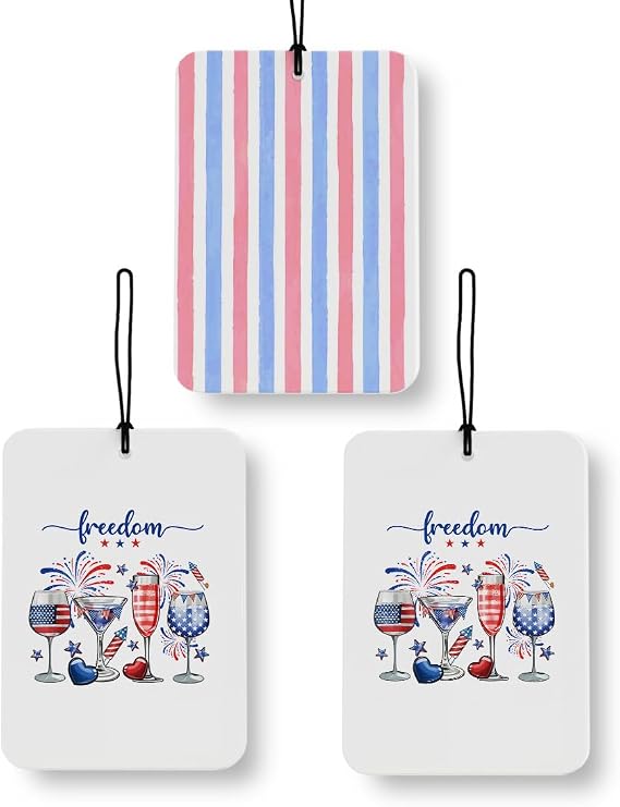 Patriotic Wine American Flag Car Air Freshener 3 Pcs, Independence Day Patriotic Striped Fireworks Cocktail Air Freshener Hanging Decor for Cars Closet Drawer Books Accessories Gifts