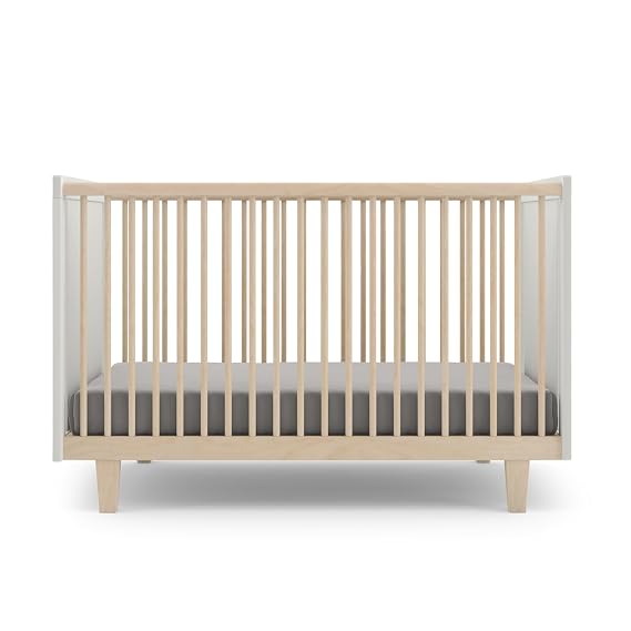 OEUF Rhea Crib Birch/White | Modern Convertible Crib with Adjustable Mattress Heights | Solid Birch & Baltic Birch Plywood | GREENGUARD Gold Certified | Non-Toxic Finish | Made in Europe