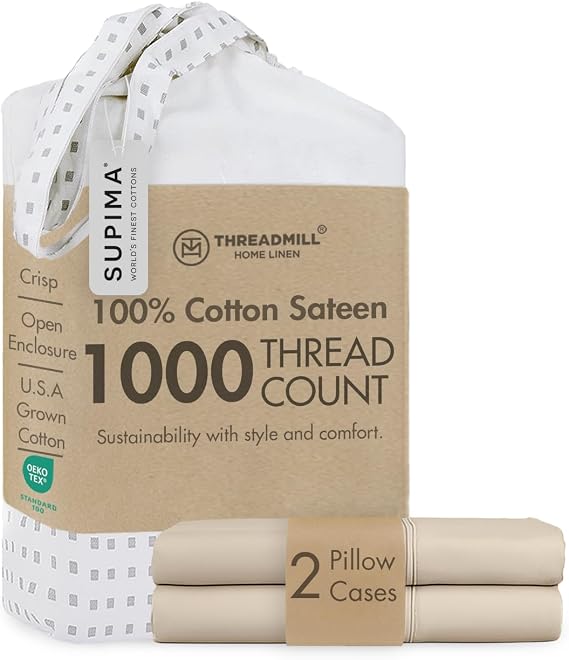Threadmill 1000TC Supima Cotton Standard Pillowcases, Sateen, Solid, Beige