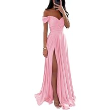 ManDu Off The Shoulder Satin Bridesmaid Dresses for Wedding Long Ruched Prom Dress A Line Formal Evening Gowns with Slit Pink