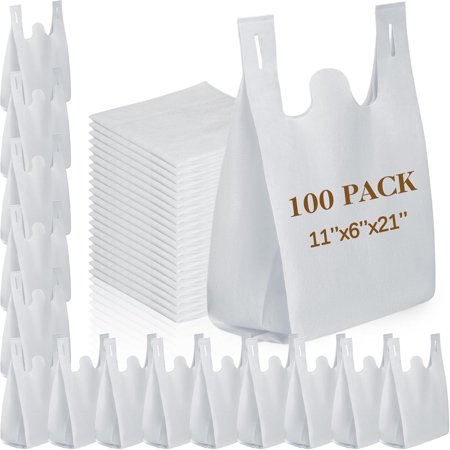 Windyun Large Grocery T-shirt Bags Bulk Reusable Non Woven Shopping Bag Foldable Gift Tote with Handle, 21x11x6 Inch