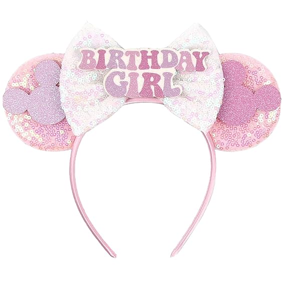 JOYFISCO Mouse Ears Pink Birthday Headbands With Shiny Sequins for Women Birthday Party Halloween Cosplay Costume