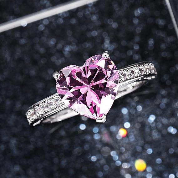 925 Sterling Silver Shiny Full Diamond Heart-Shaped Pink Gemstone Ring Cubic Zirconia Rings CZ Diamond Ring Eternity Engagement Wedding Band Ring for Women (US Code 6)