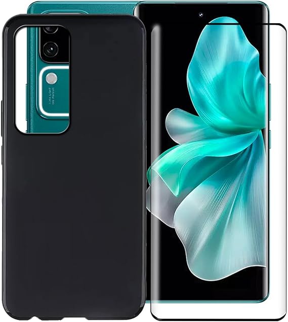 for Vivo V30 Pro Case, with [ 1 x Screen Protector Tempered Glass Film], Black Soft Silicone Cover Shockproof Bumper Protection Case for Vivo V30 Pro (6.78") - Black