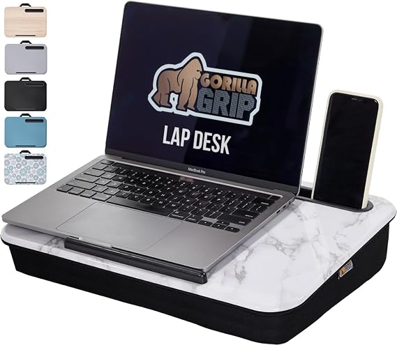 GORILLA GRIP Laptop Lap Desk with Phone Holder, Pillow Cushion Desks Fit Laptops up to 15.6", Gifts for Home, Portable Travel Workstation, Tray Ledge Keep Computers in Place, Marble Pattern
