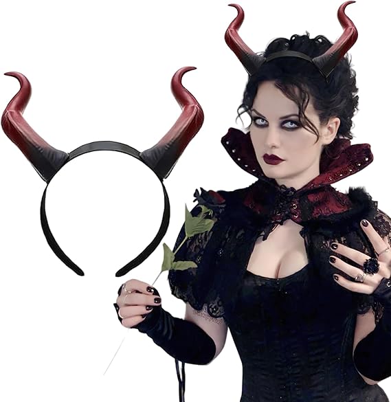 Devil Horns Headband Black Cosplay Gothic Handmade Demon Horn Hair Hoop Halloween Dress Up Hair Accessories for Halloween Party Carnival Costume Hair Accessory Red