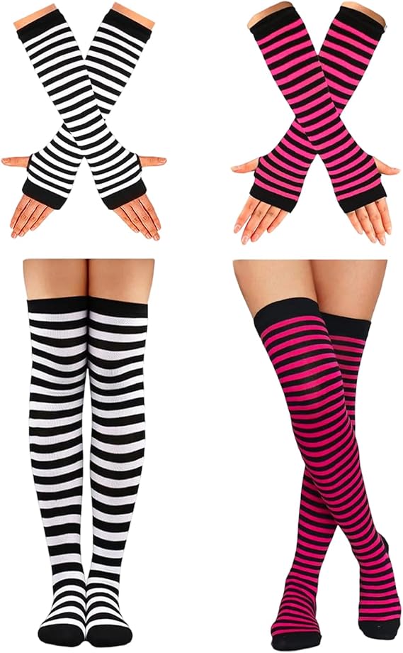 Ibeauti 8 Pcs Womens Striped Knee High Socks Stockings Y2K Goth Knitted Long Arm Warmer Fingerless Gloves Set