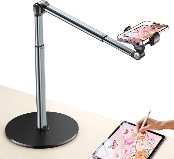 Mionondi Overhead Phone Mount for Video Recording, Aluminum Overhead Tripod for iPhone, Desk Phone Camera Stand for Cooking, Nail Techs, Filming, Live Streaming