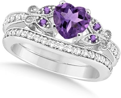 Allurez Preset Butterfly Amethyst and Diamond Engagement Ring and Band Bridal Set 14k White Gold 1.55ctw