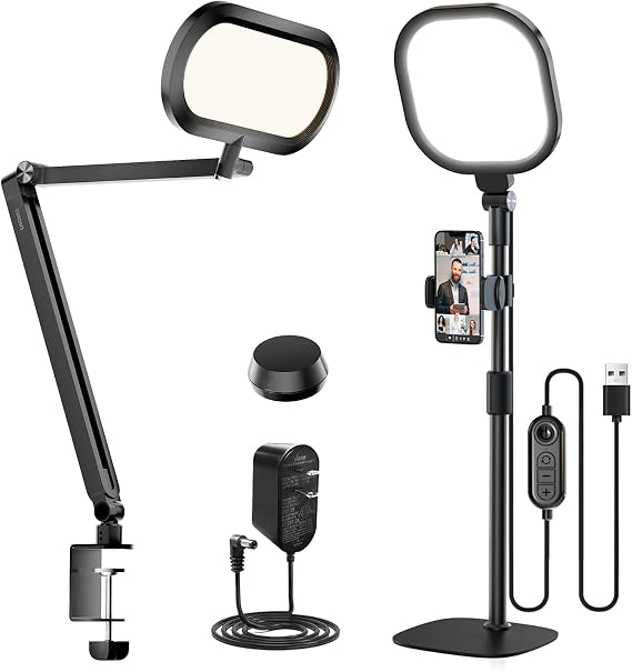 LitONES Zoom Lighting Bundle | 1 Pack 30 Light Modes Video Conference Ring Light with Stand + 1 Pack Dual-Sided Eye-Care Desk Lamp, Desk Lights for Home Office Webcam Calls Live Stream