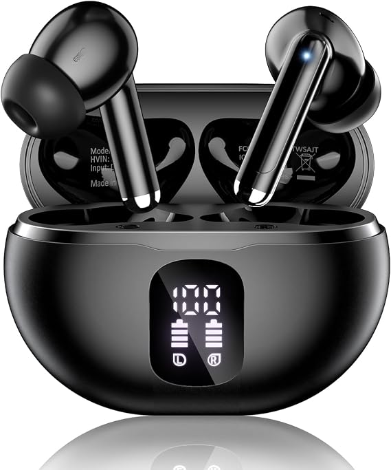 Wireless Earbuds, Bluetooth 5.4 Headphones with 50H Playback, Deep Bass Stereo Ear Buds Clear Calls with LED Power Display, IPX7 Waterproof, in-Ear Earphones with Mic for Phone/Android/iPad, Black