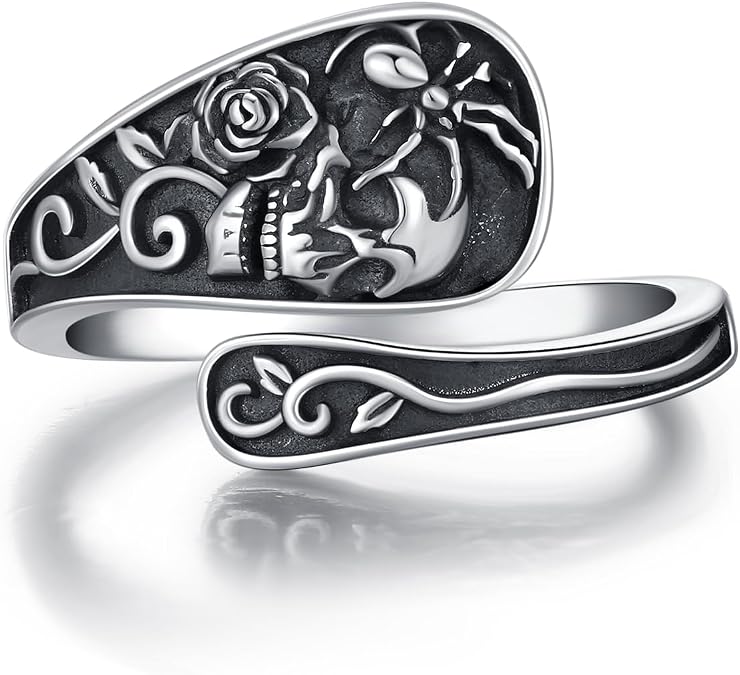MEDWISE Sterling Silver Skull Spoon Ring Adjustable Thumb Rings for Women