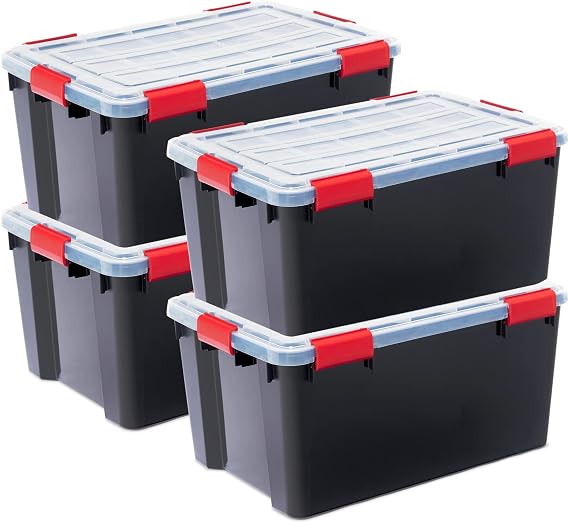 Iris Ohyama Boxes Plastic Storage Organizer Set of 4 50L Stackable Sturdy Handles Fixed Multi-Purpose Airtight Bedroom Living Room Office - DDAT-L - Black