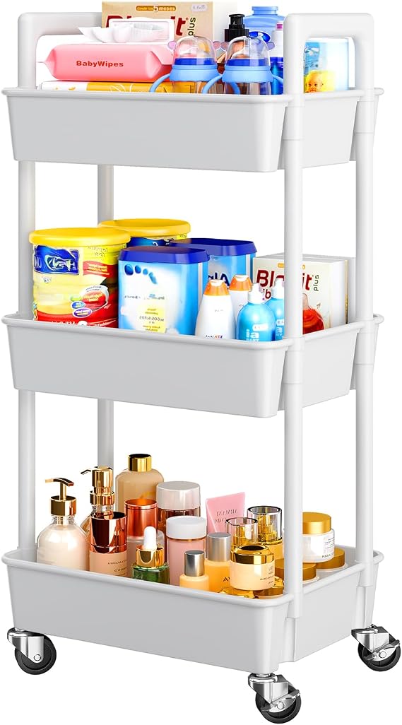 Pipishell 3 Tier Rolling Cart with Handle & Wheels for Storage, White