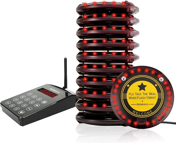 Retekess TD103 Restaurant Pager System, Coaster Pager, 1000M Long Range, Standby Time 48 Hours, 10 Buzzers for Logistics, Hotel, Community Action Center