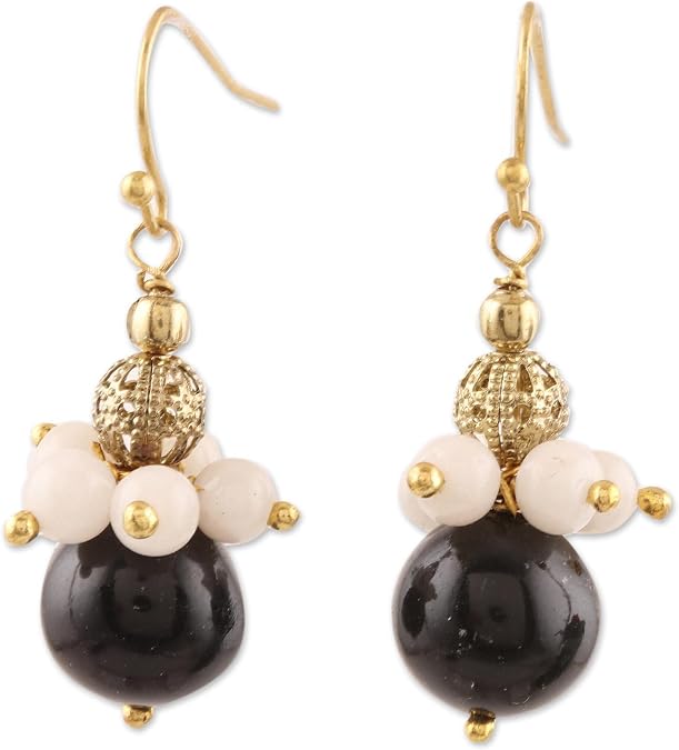 NOVICA Artisan Handmade Onyx Moonstone Beaded Dangle Earrings from India Brass Gemstone Birthstone [1.3 in L x 0.4 in W x 0.4 in D] ' Gleaming Globes'