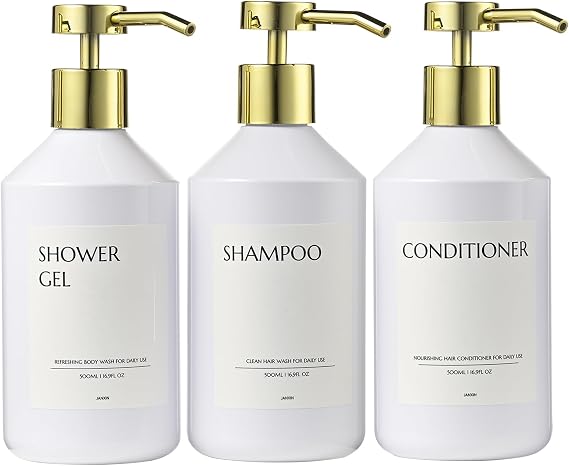 3 Pack Washing up Liquid Dispense, Plastic Soap Dispenser, Shampoo and Conditioner Dispenser, Soap Dispenser Bathroom, Suitable for Kitchens, Bathrooms, Hotels(White bottle + gold head)