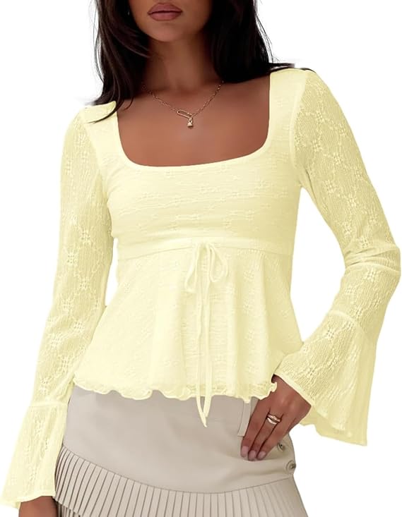 Women Y2k Floral Lace Babydoll Top Long Bell Sleeve Square Neck Tie Front Ruffle Hem Blouse