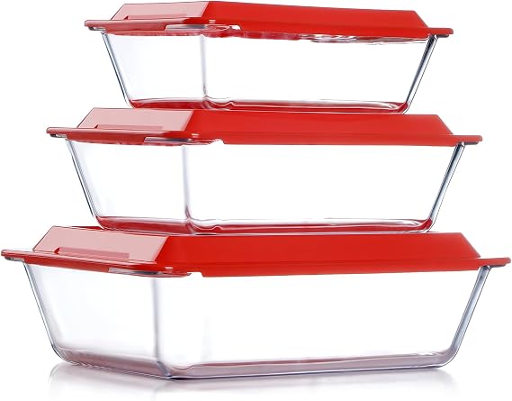NUTRIUPS 1.5+2.4+3.7Qt Deep Glass Baking Dish, 11.5x8x3 in & 9.5x7x2.7 in & 8x6x2.4 in 3-Pack Deep Lasagne Dish with Lids for Oven, Rectangular Glass Bakeware