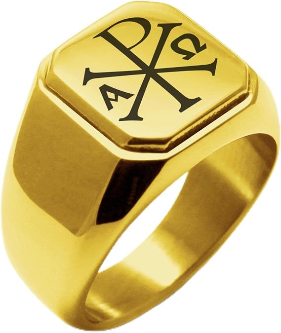 Gold Plated Stainless Steel Chi Rho Alpha Omega Symbol Square Flat Top Biker Style Polished Ring, Size 7